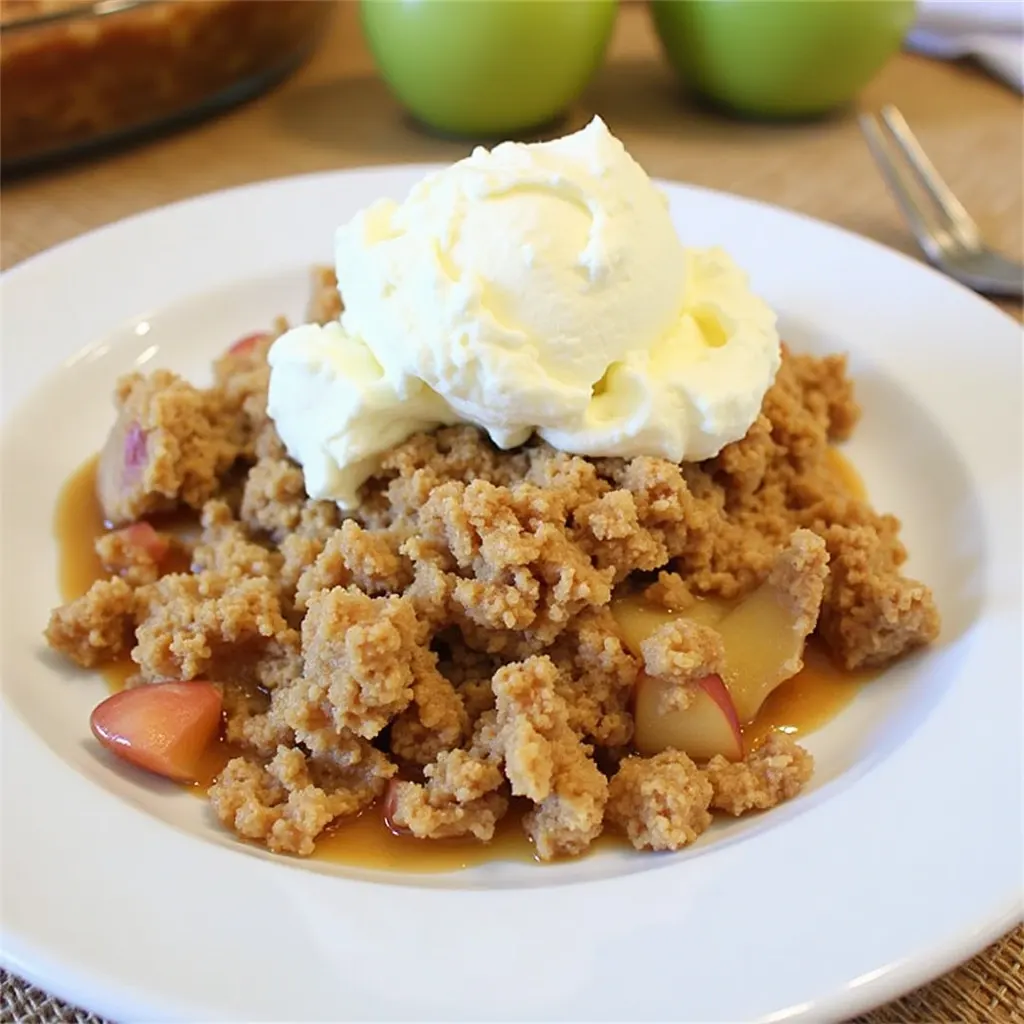 A plate of apple crisp without oats, topped with a scoop of vanilla ice cream.