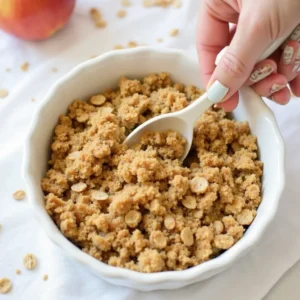 easy apple crisp recipe without oats 2 A white ceramic dish filled with crumbly topping being scooped with a spoon.