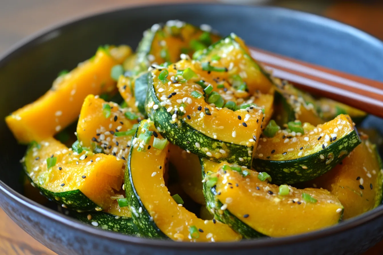 Roasted kabocha squash slices garnished with sesame seeds and chopped scallions in a black bowl.