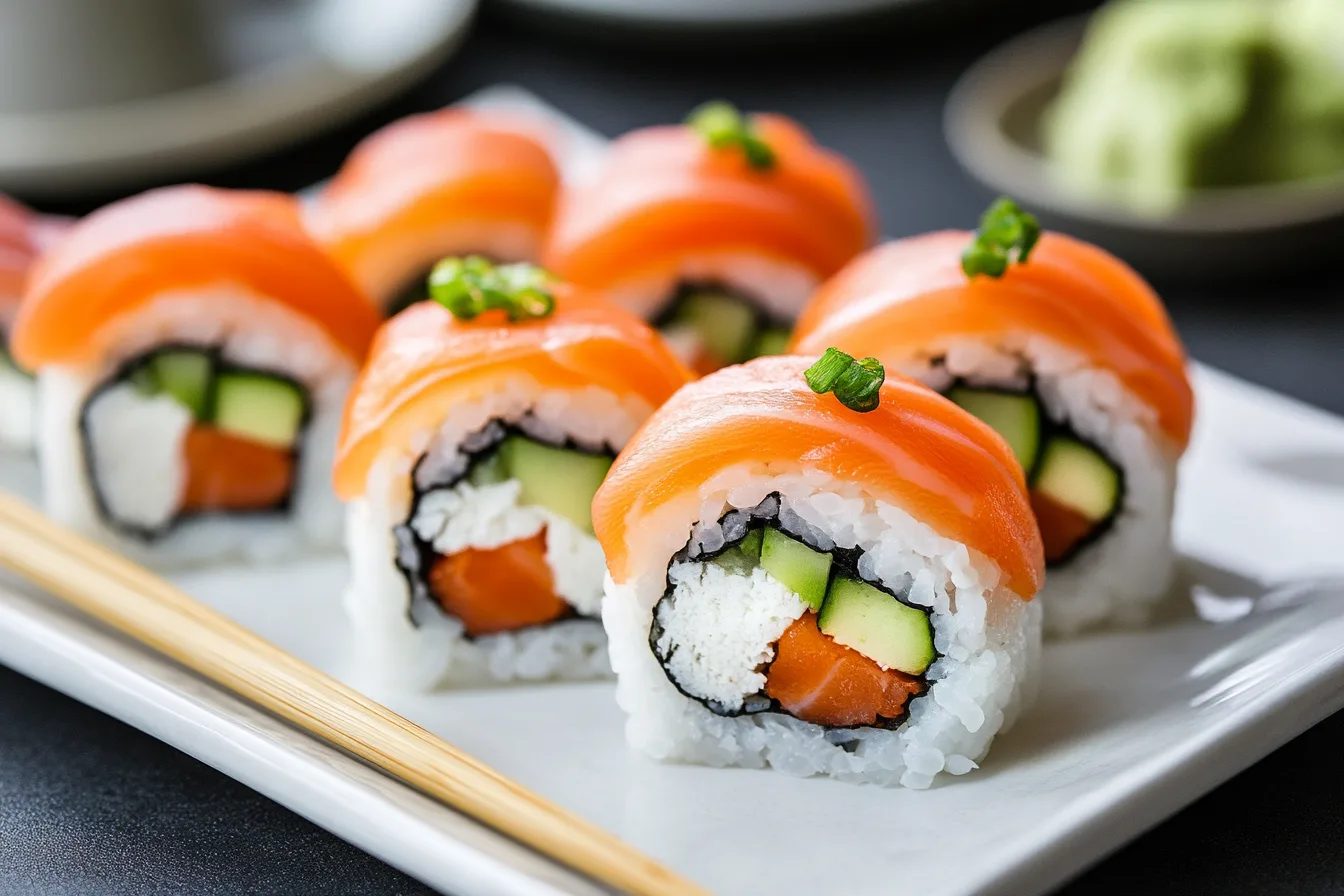 Close-up view of salmon sushi rolls with fresh cucumber, avocado, and cream cheese, placed on a white plate with chopsticks.