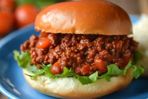 Three Sloppy Joe sandwiches garnished with parsley, served on a wooden board.