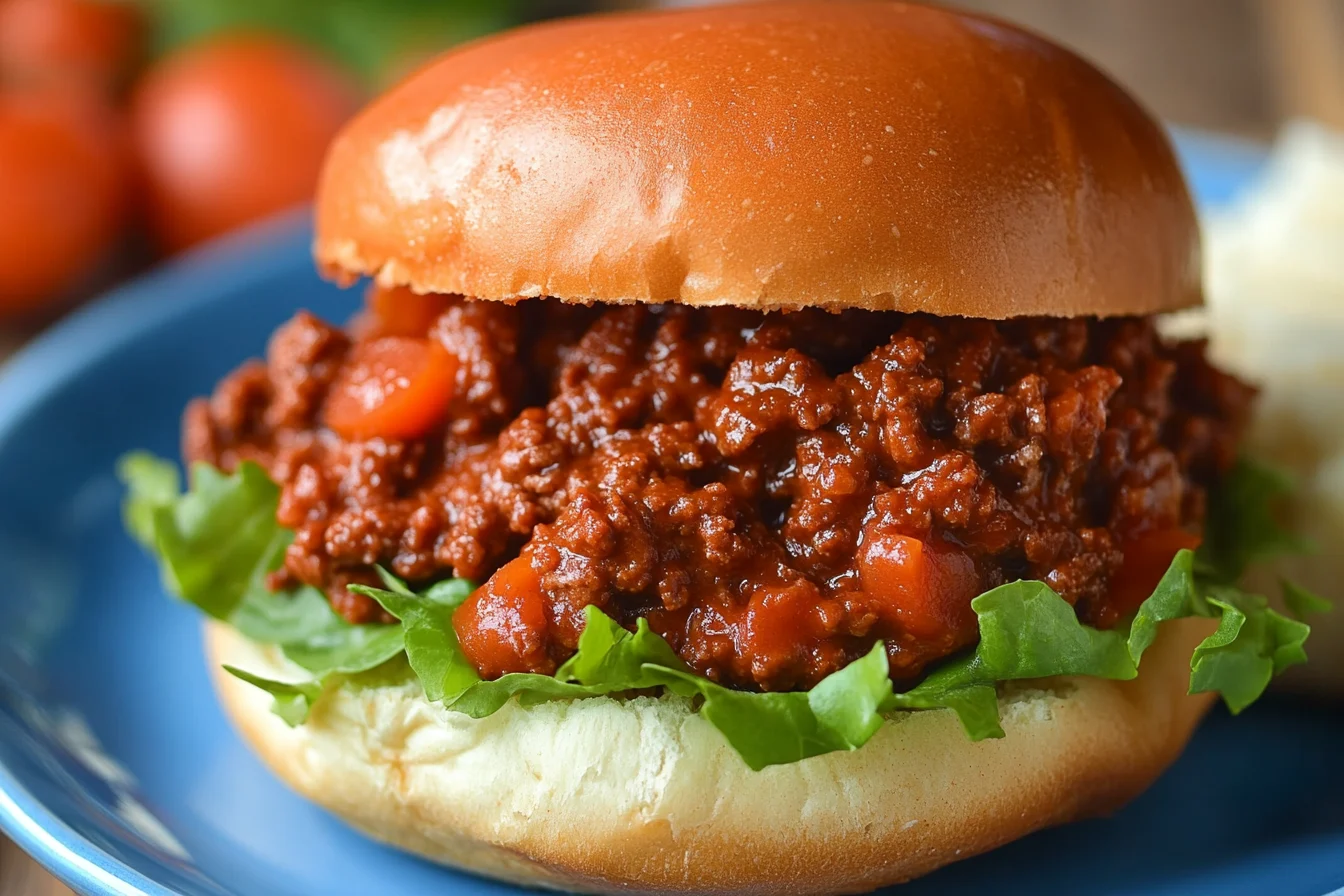 : A Sloppy Joe sandwich with rich filling placed on a wooden serving plat