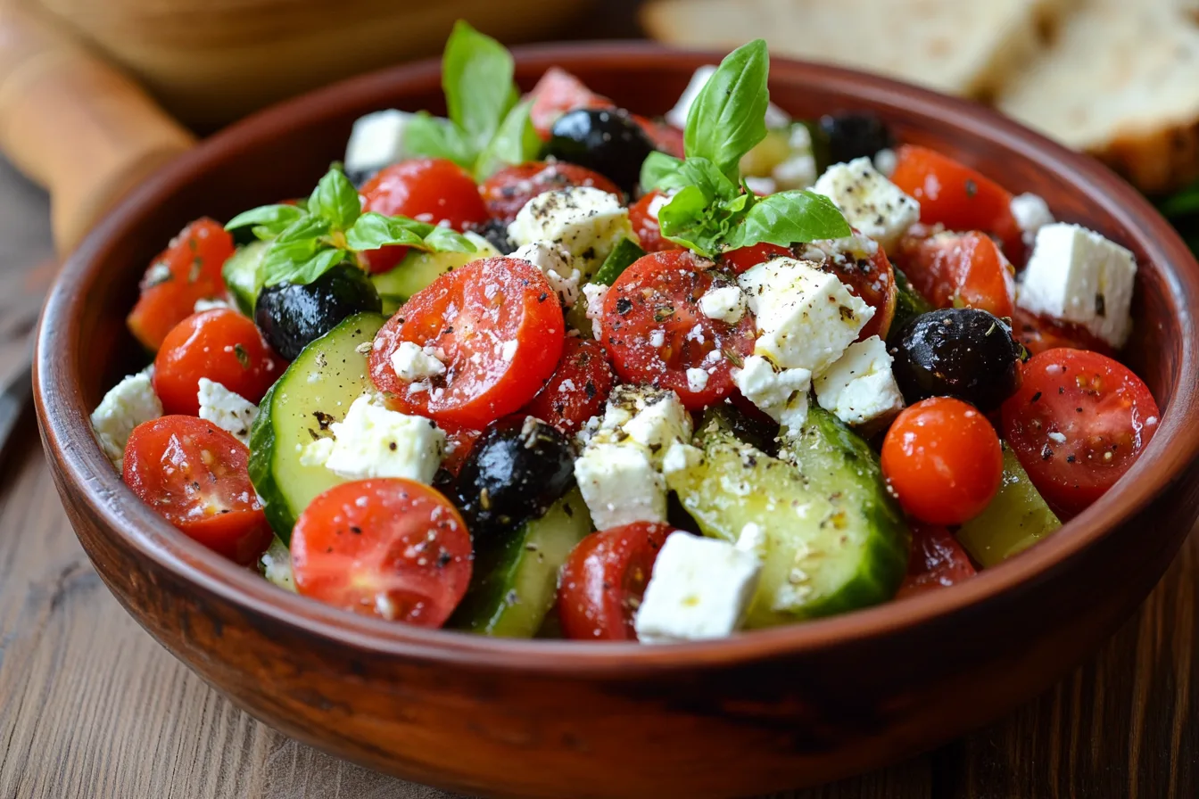 Traditional Greek salad with tomatoes, cucumbers, black olives, and feta cheese.