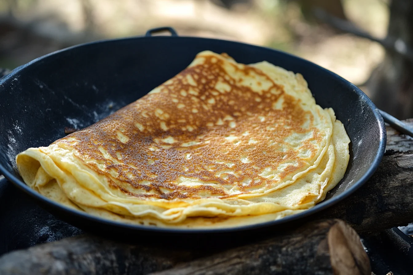 A close-up of hands stirring hotcake batter in a brown ceramic bowl.