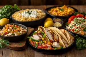 "A selection of leftover rotisserie chicken dishes, including chicken wraps, casserole, soup, and tacos, presented on a rustic wooden table with fresh ingredients."