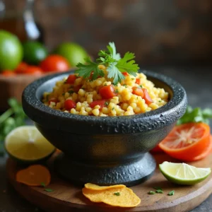 A hand stirring yellow rice powder inside a molcajete with a spoon.