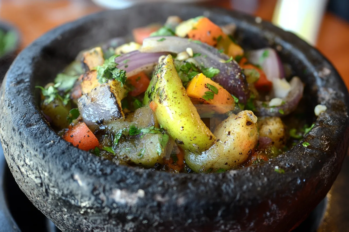 A molcajete filled with roasted vegetables such as onions, tomatoes, and peppers.