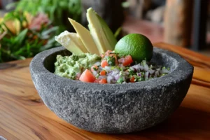 molcajete recipe 2 A molcajete filled with guacamole, fresh tomatoes, onions, and lime.