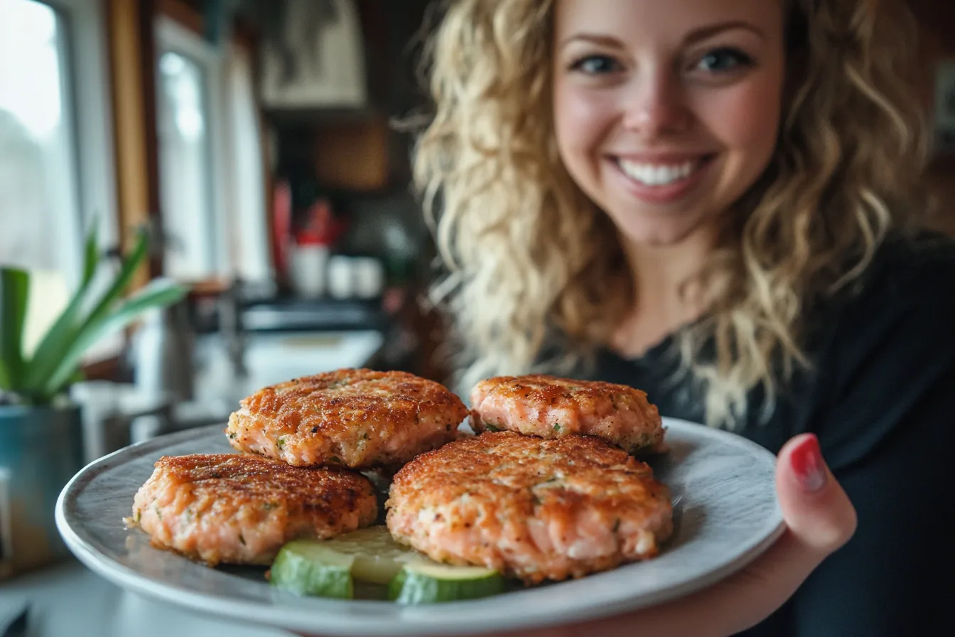 Close-up of freshly cooked old-fashioned salmon patties on a plate with cucumbers.