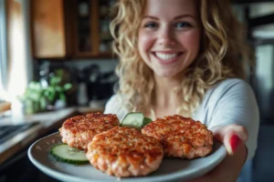 old fashioned salmon patties recipe 2 A woman holding a plate of crispy salmon patties with a smile in her kitchen.