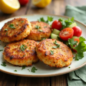 old fashioned salmon patties recipe 4 Salmon patties served with cherry tomatoes and cucumber.