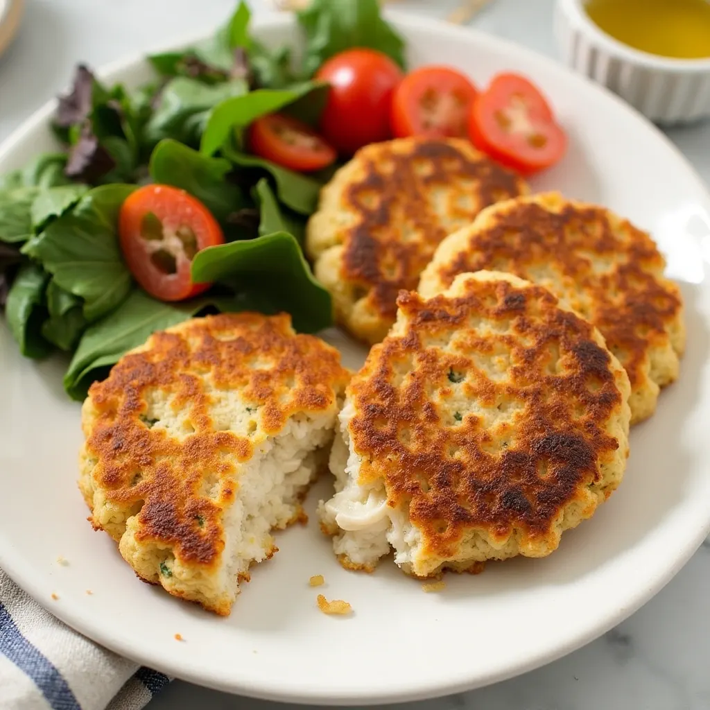 Salmon patties with a crispy crust, broken open to show fluffy interior.