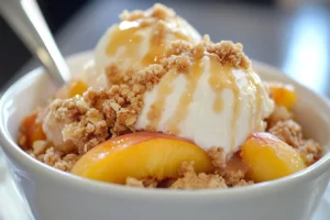 peach crumble recipe 1 Sliced fresh peaches for making a peach crumble recipe.