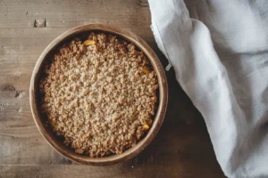 peach crumble recipe 3 Peach crumble with vanilla ice cream served in a bowl.