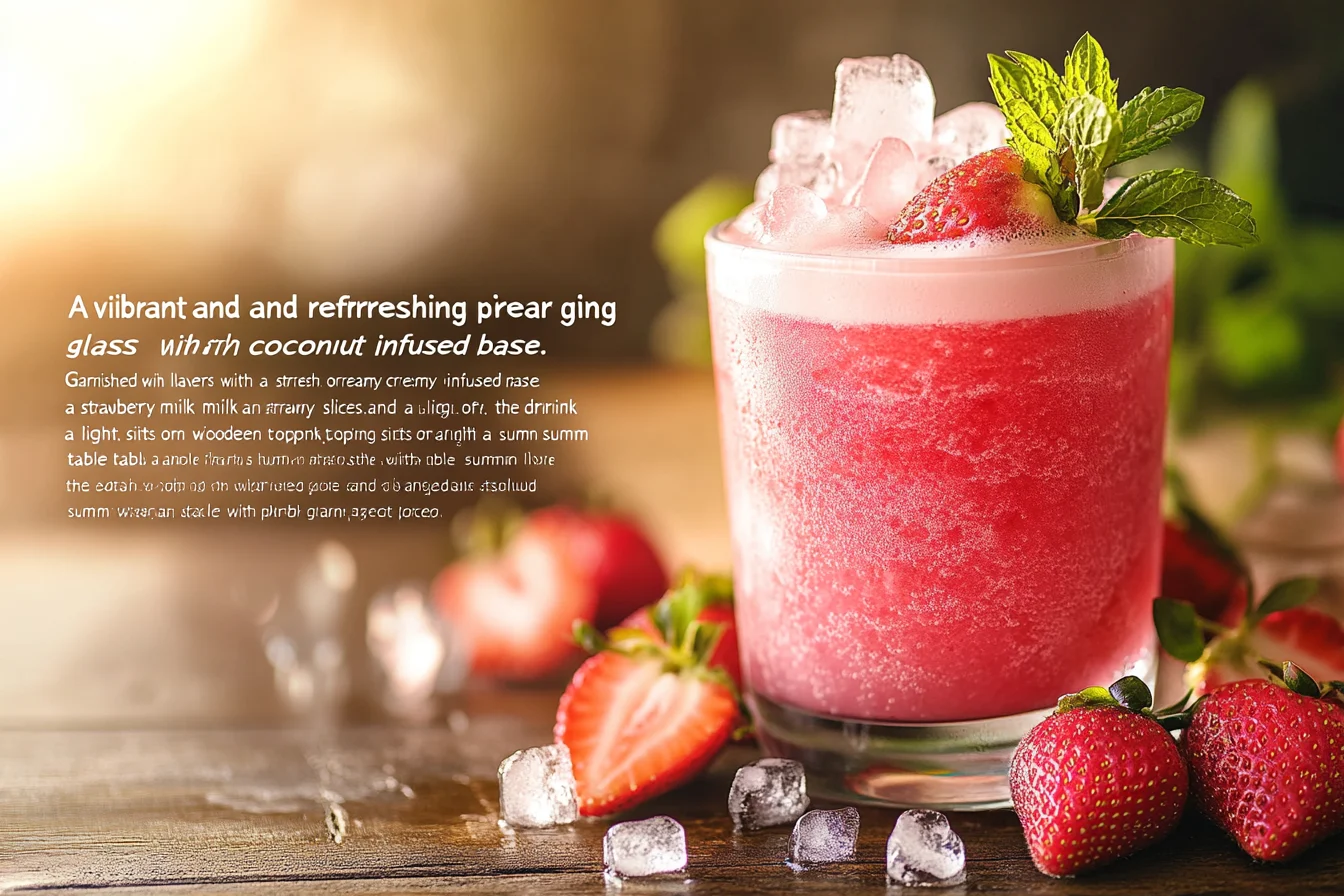 "Homemade Pink Drink in a clear glass with creamy coconut milk, strawberry base, fresh strawberries, mint garnish, and ice cubes on a wooden table."