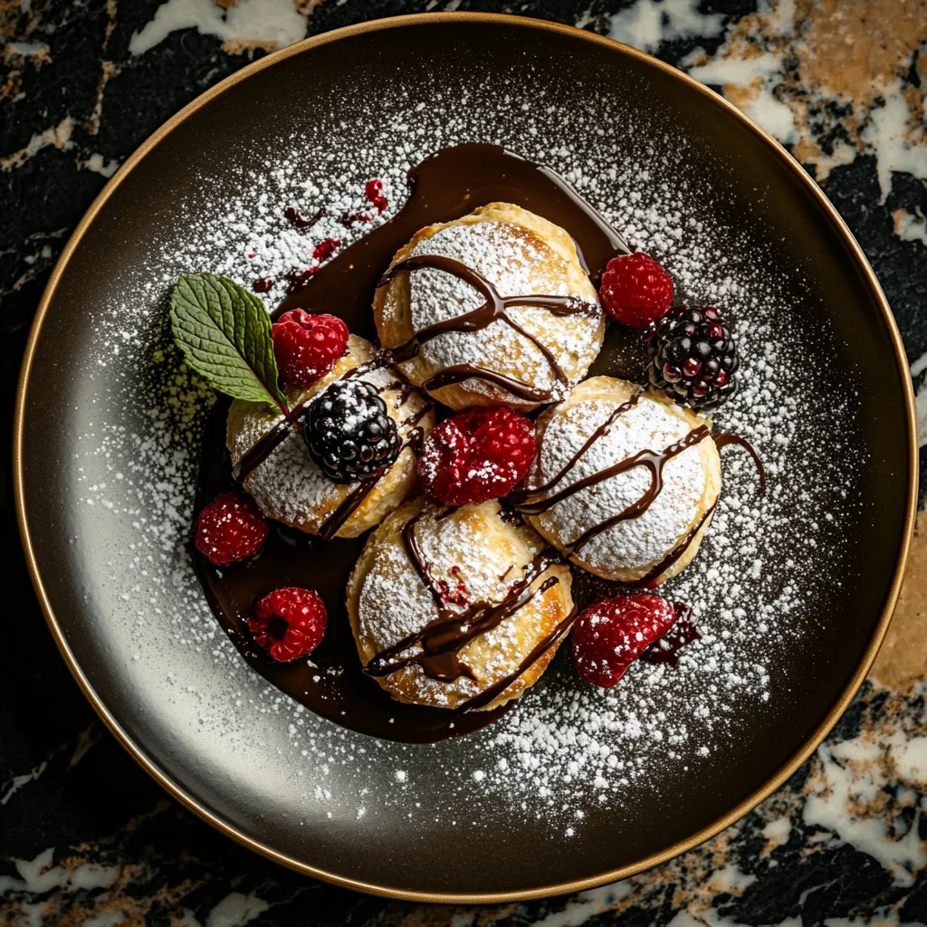 A beautifully plated dessert featuring golden-brown purple sweet potato puffs garnished with fresh raspberries, blackberries, mint, and a drizzle of chocolate sauce.