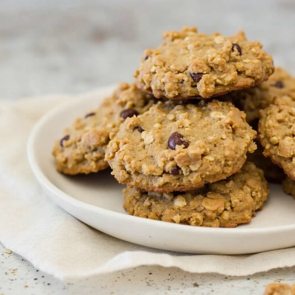 A stack of Quaker oatmeal cookies with chocolate chips on a white plate.