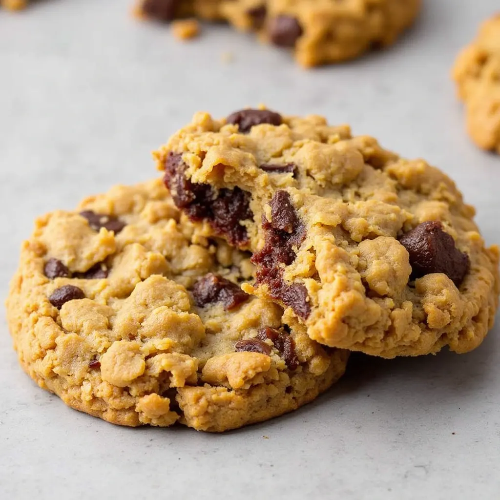 A close-up of a chewy Quaker oatmeal cookie with melted chocolate chips.