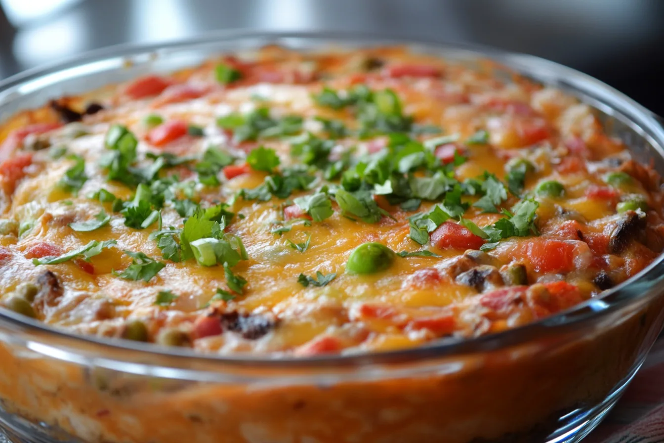 "Rotel dip recipe with Velveeta cheese, ground beef, and Rotel tomatoes, served with tortilla chips"