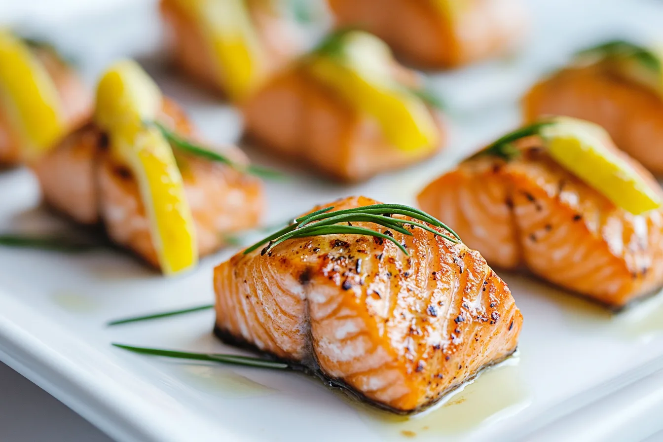 rilled salmon bites garnished with lemon slices and chives on a plate