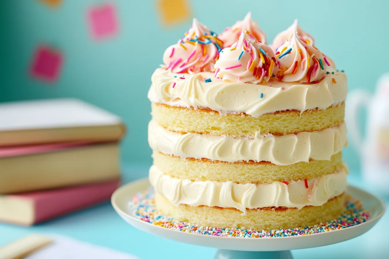 Freshly baked school cake with sprinkles and icing, ideal for school events or parties.