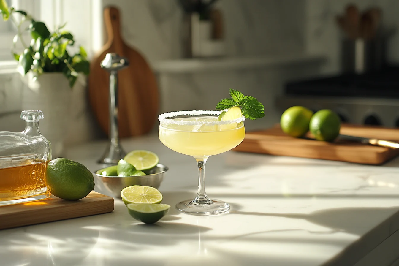 "Skinny margarita on a kitchen countertop with a salted rim, lime wedge garnish, and mint sprig, surrounded by fresh ingredients like lime halves and agave nectar."