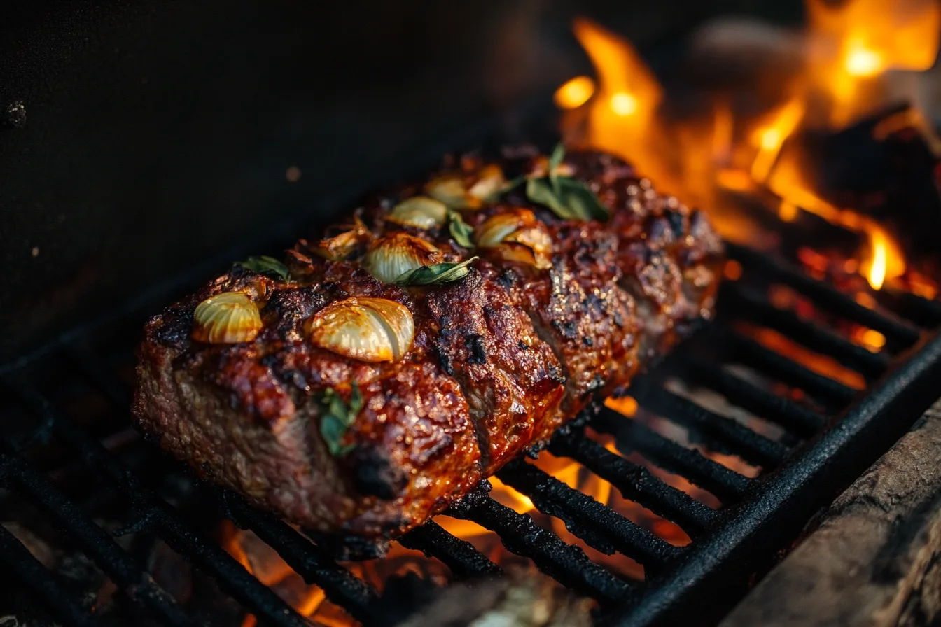 Smoked meatloaf grilling over open flames with onions and herbs.