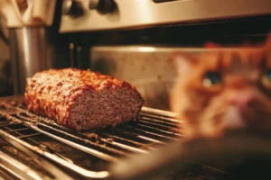 smoked meatloaf recipe 2 Oven-baked meatloaf on a rack with a curious cat in the background.