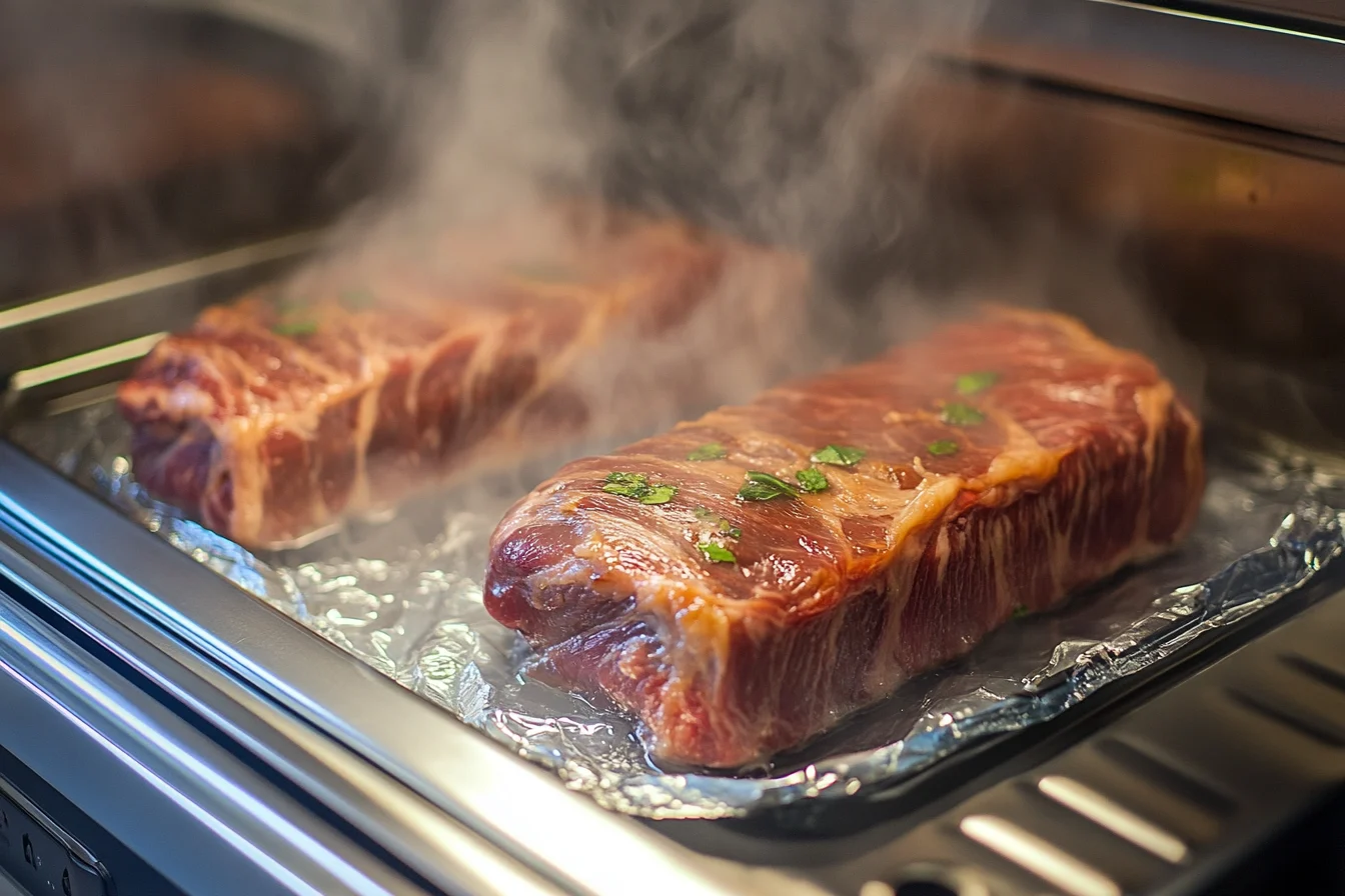 Steaks steaming and cooking in a sous vide water bath with even heat distribution.