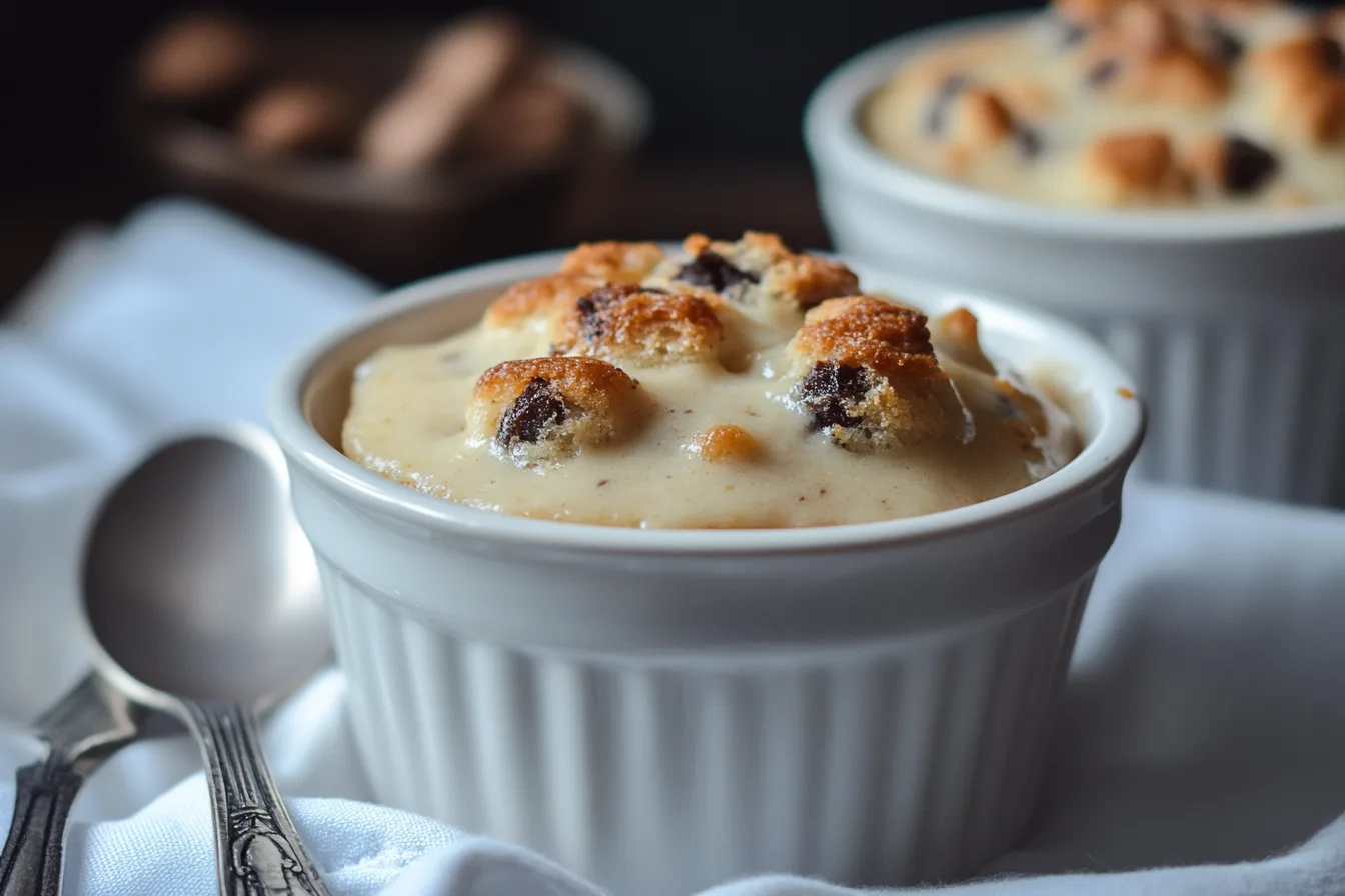 A close-up of a ramekin filled with traditional Spotted Dick pudding topped with creamy custard and dried fruit pieces.