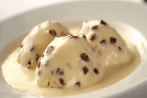 spotted dick recipe 2 Three servings of Spotted Dick balls covered in custard on a white plate.