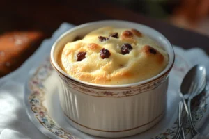 spotted dick recipe 3 A baked Spotted Dick pudding in a ceramic ramekin, showcasing golden-brown spots from dried fruits.