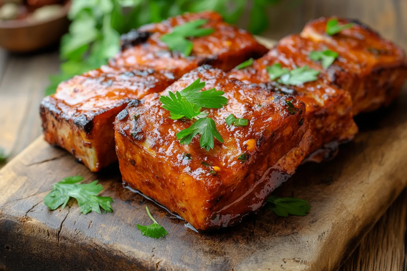 Crispy fried tofu glazed with savory sauce and garnished with fresh parsley leaves on a wooden platter.