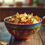 A bowl of Chex Mix with various substitutes for bagel chips, including crackers, pretzel pieces, and vegetable chips