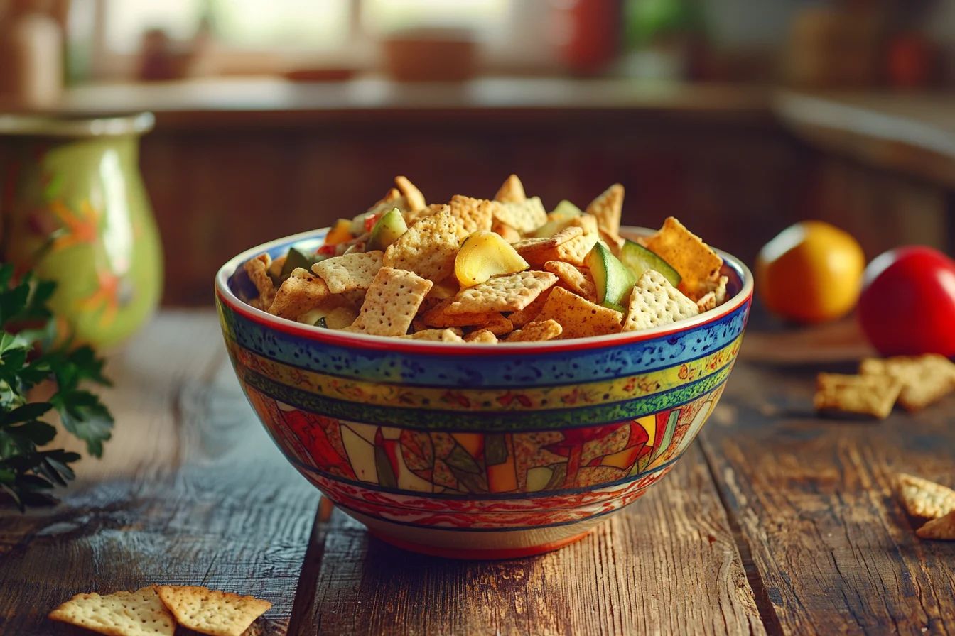 A bowl of Chex Mix with various substitutes for bagel chips, including crackers, pretzel pieces, and vegetable chips