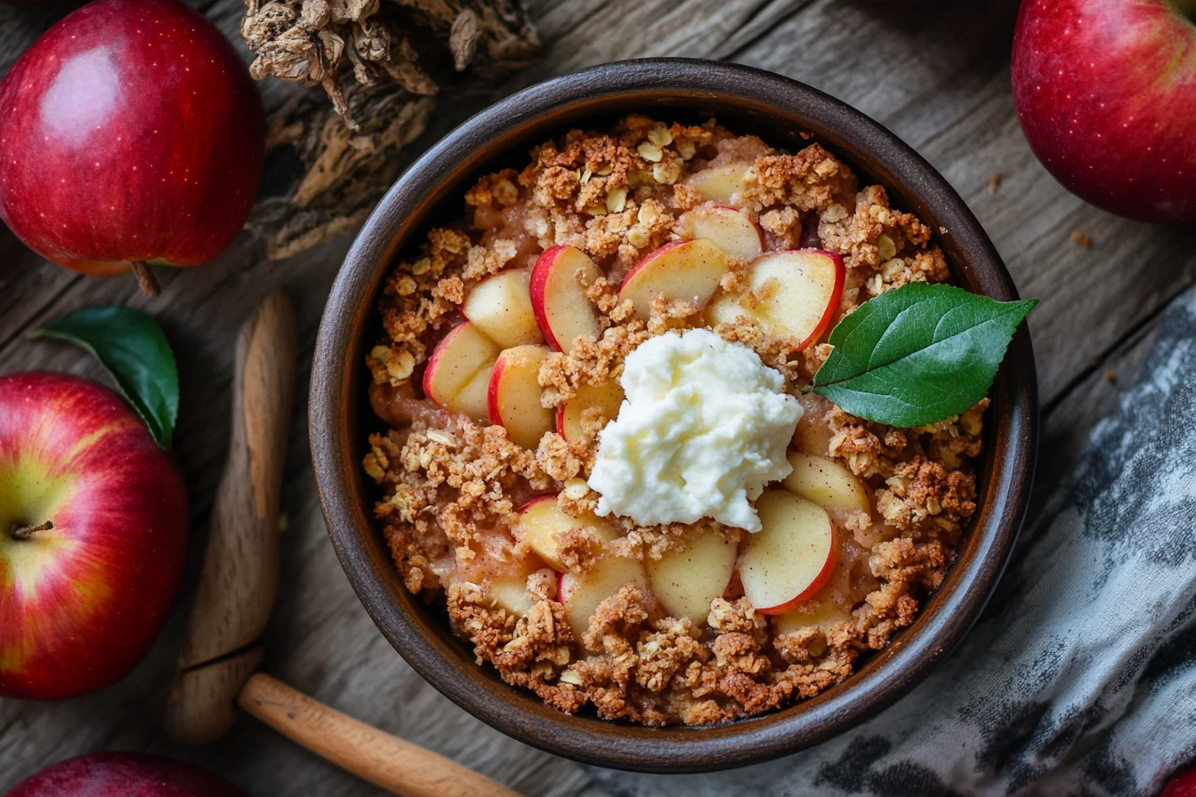 A freshly baked apple crisp topped with sliced apples and whipped cream.