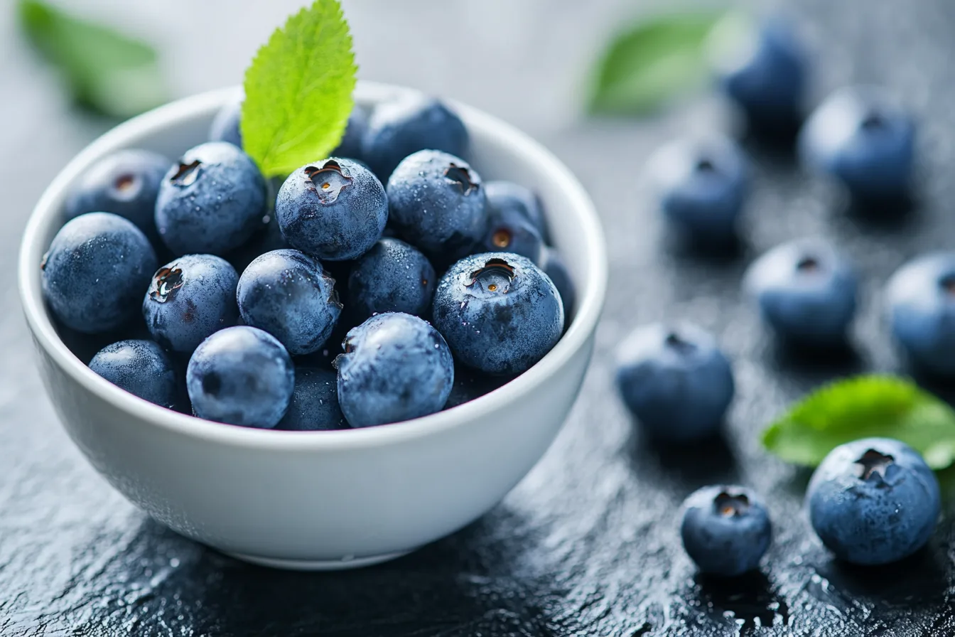 Fresh blueberries in a white bowl with a green mint leaf on top.