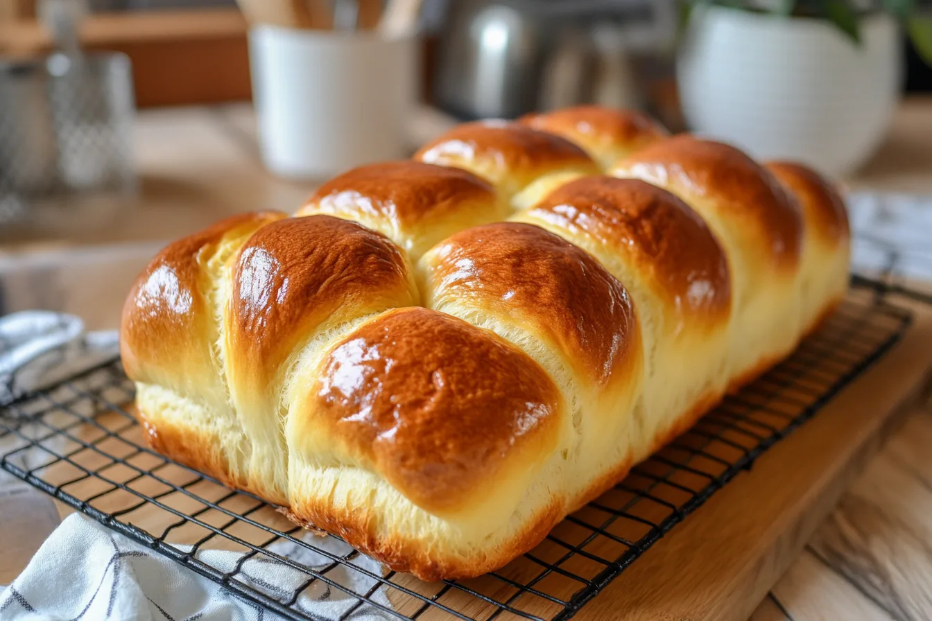 Freshly baked brioche loaf with a golden crust cooling on a wire rack.