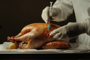What does Butterball inject their turkeys with? 2 A professional chef injecting a raw Butterball turkey with a marinade using a syringe, highlighting the injection process.