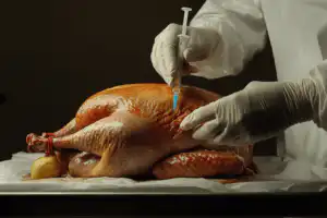 A professional chef injecting a raw Butterball turkey with a marinade using a syringe, highlighting the injection process.