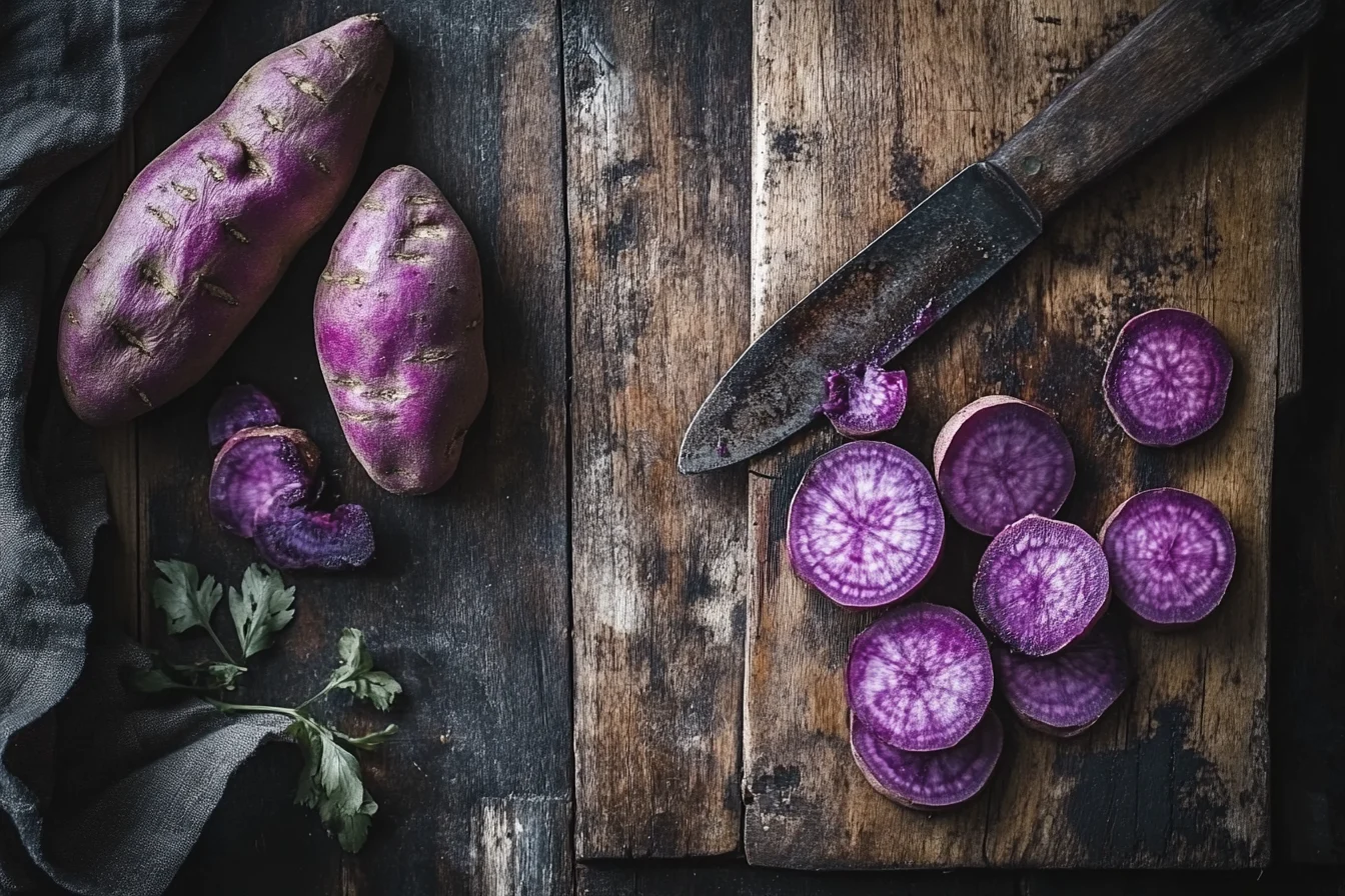 A vibrant image of whole and sliced purple sweet potatoes with their skin, placed on a rustic wooden surface.