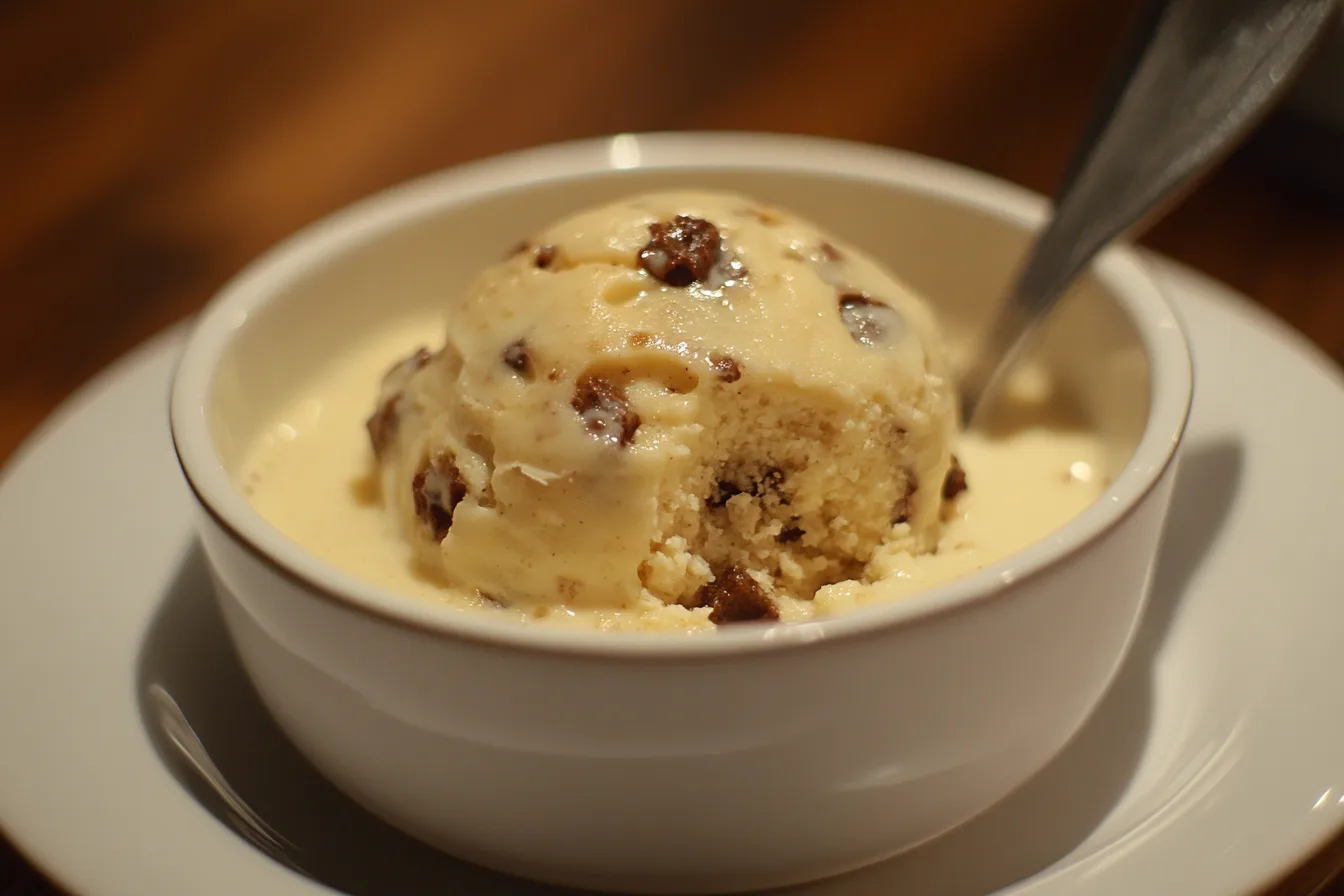 A bowl of traditional Spotted Dick pudding served with custard.