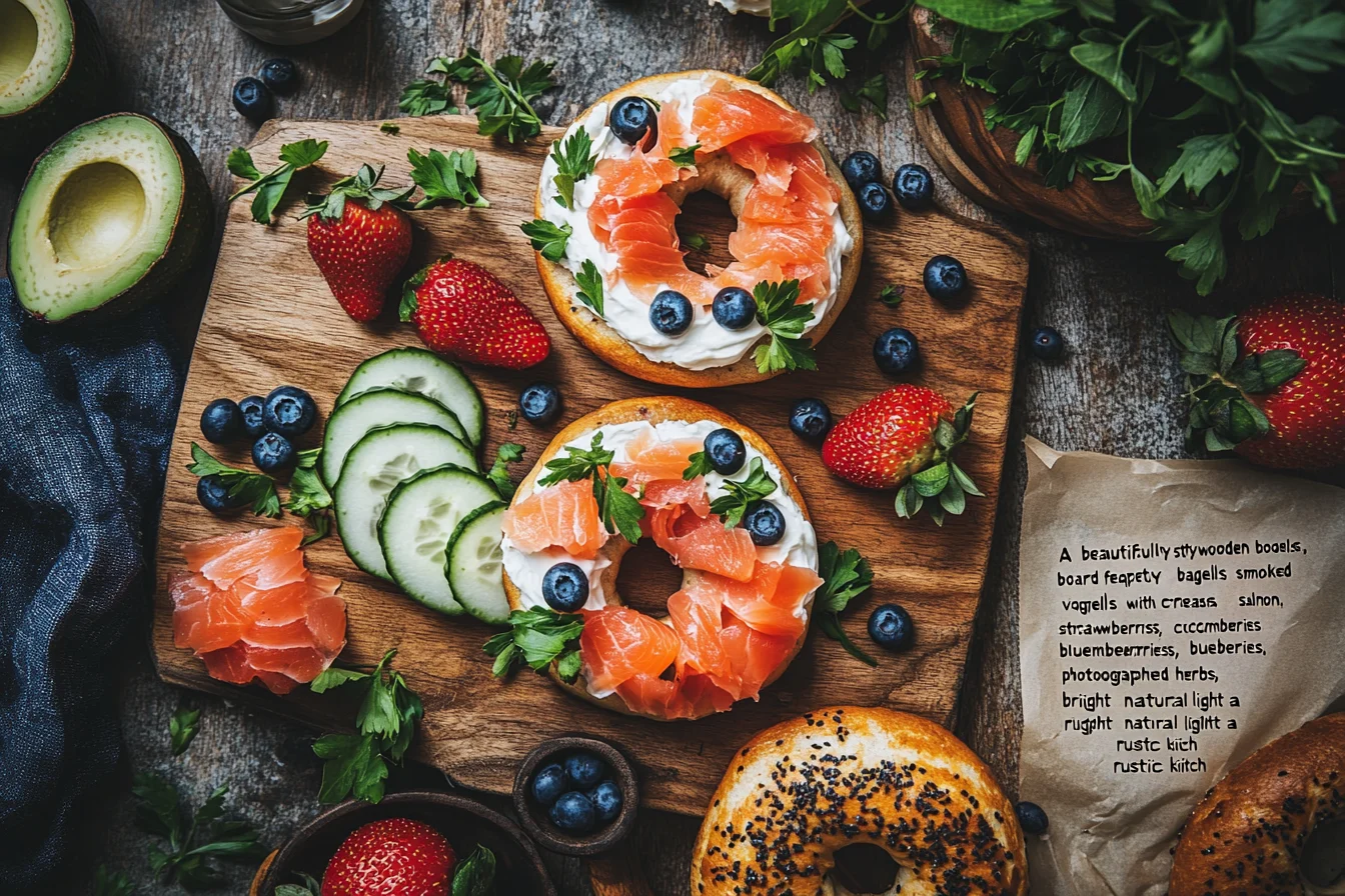 "A colorful array of bagels with cream cheese topped with smoked salmon, fruits, and vegetables arranged on a wooden board."