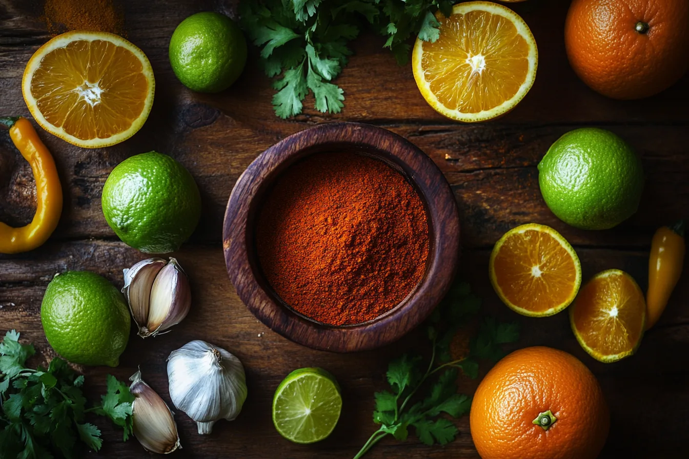 A colorful bowl of Pollo Asado seasoning with fresh citrus fruits, spices, and herbs.