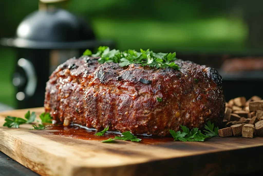 A smoked meatloaf on a wooden cutting board, garnished with parsley and paired with wood chips and a smoker in the background.