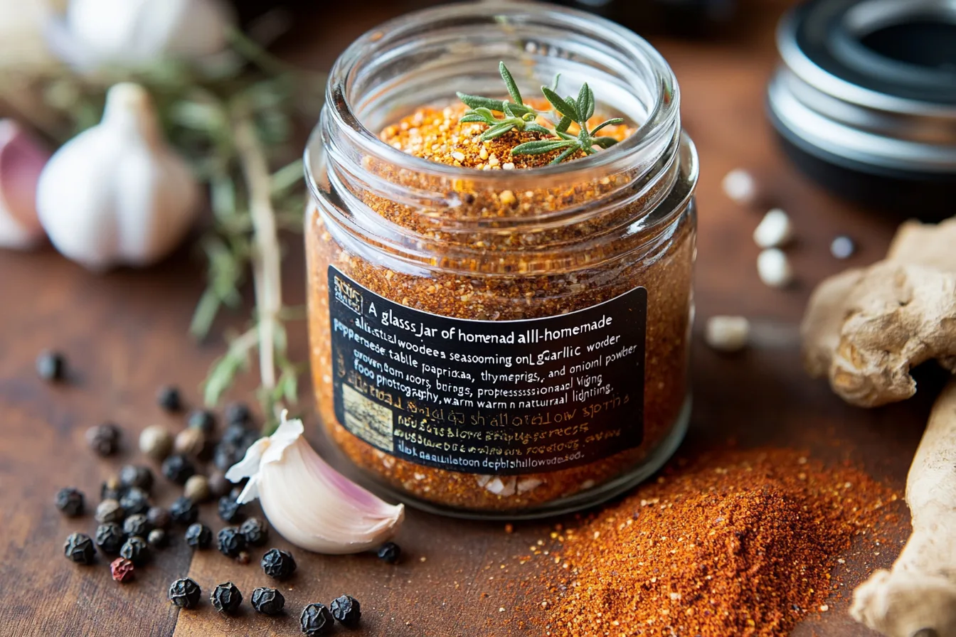 A vibrant jar of homemade all-purpose seasoning surrounded by fresh herbs and spices.