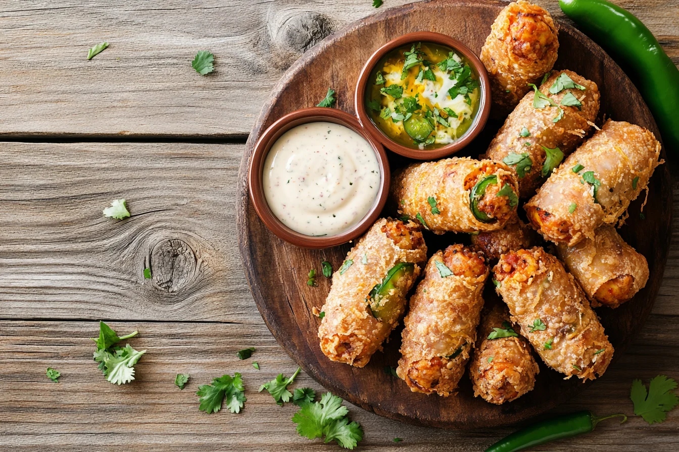 A plate of golden-brown Armadillo Eggs stuffed with cheese and wrapped in sausage, served with dipping sauces.