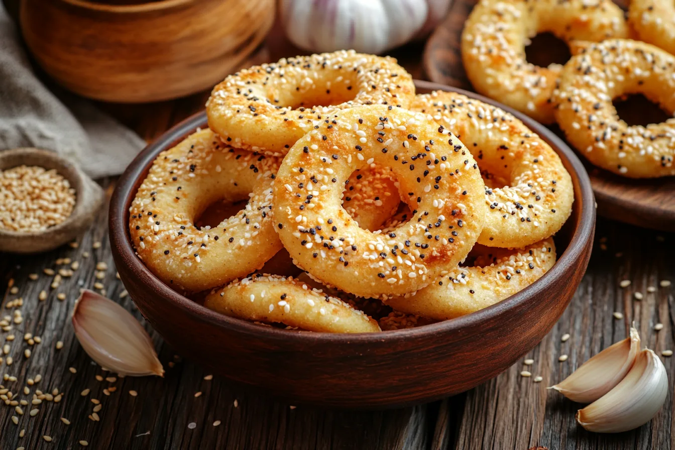 "A bowl of golden-brown bagel chips surrounded by ingredients like garlic, sesame seeds, and spices."