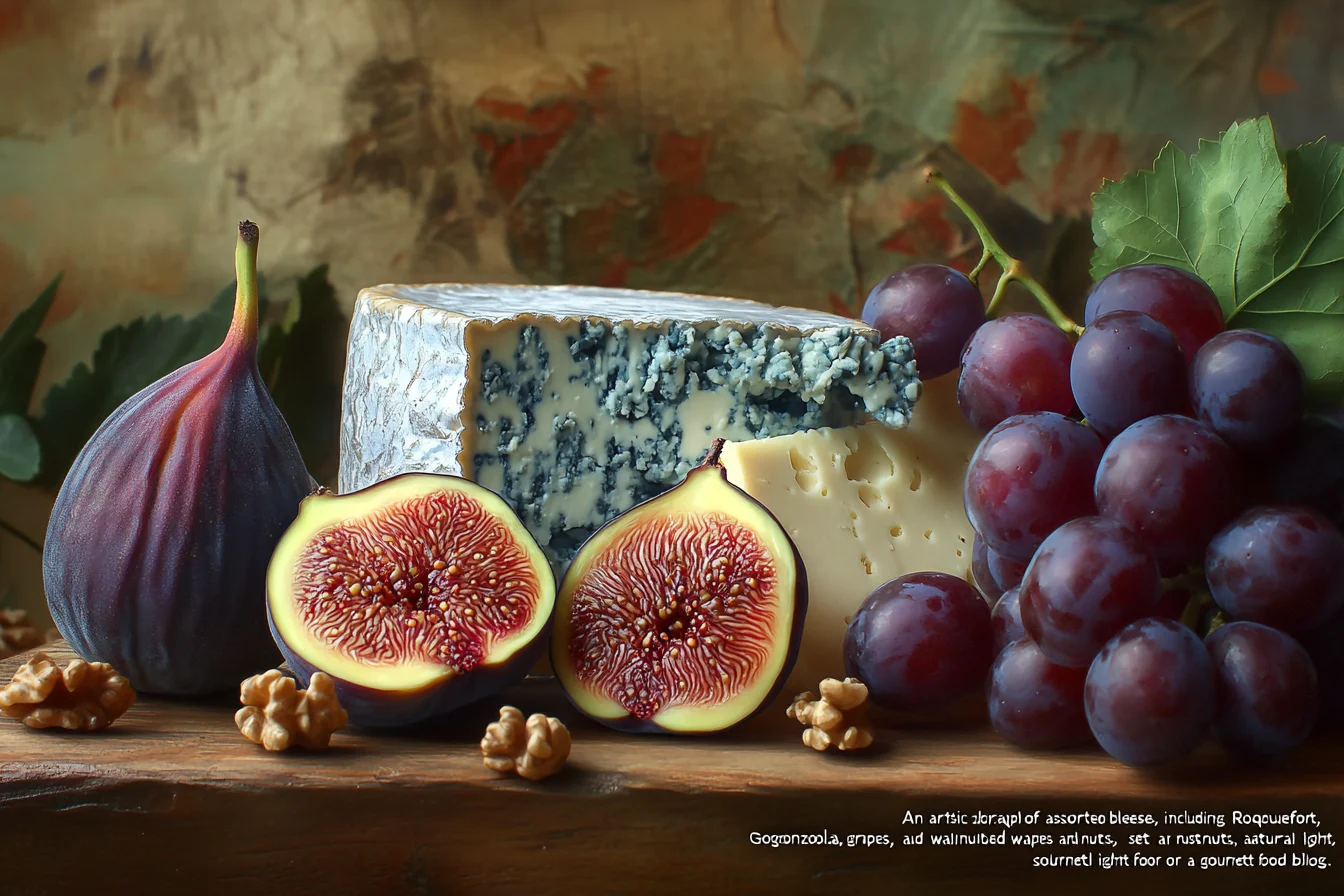 "An assortment of blue cheeses, including Roquefort, Gorgonzola, and Stilton, on a rustic wooden board with fruits and nuts."