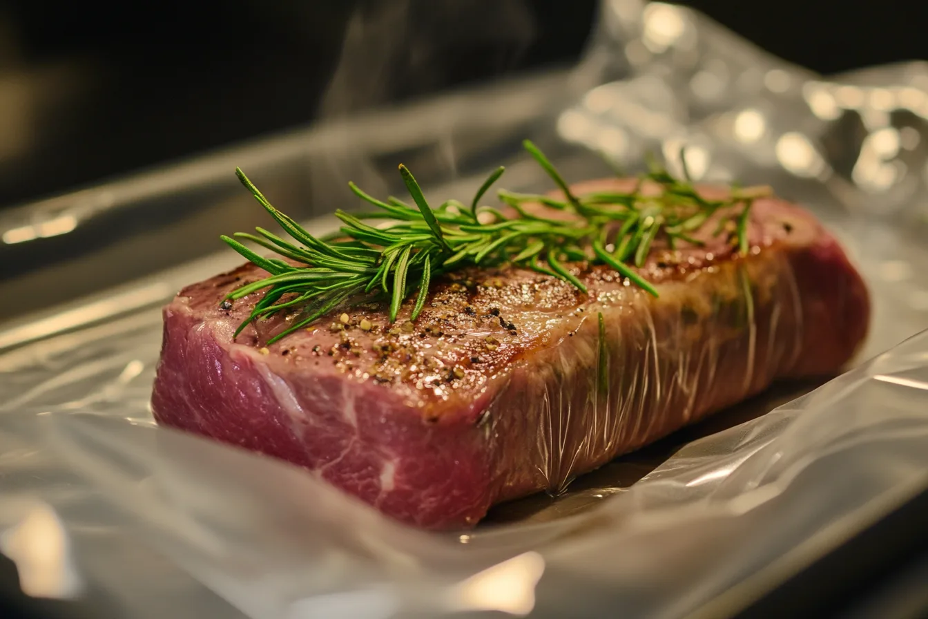 Sous vide steak with rosemary sealed in a vacuum bag.